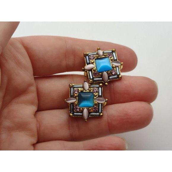 Vintage Mosaic Earrings Clip on GoldTone Silvertone Blue Lavender Lucite 1410 - Picture 2 of 4